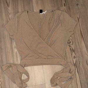 Tan Wrap-Style Ribbed Top